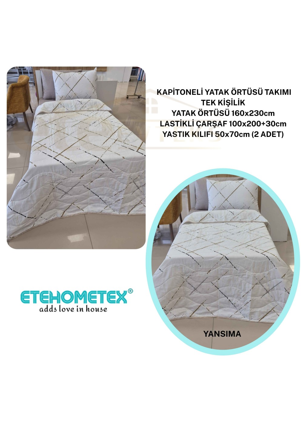 ETEHOMETEX Pamuklu Kapitoneli Yatak Örtüsü TAKIMI TEK KİŞİLİK YANSIMA 8696474232125